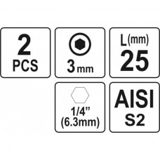 Biti de 25 mm 1/4" cu cap hexagonal H3 YATO..